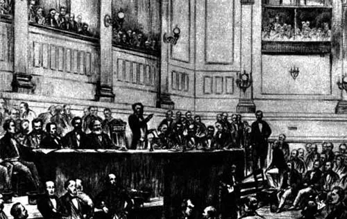 Delegáti na zakládajícím sjezdu první Internacionály v St Martin's hall v Londýně